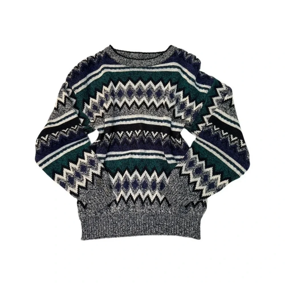 Todays News Sz Med Men's Sweater Green White & Purple Diamond Geometric VTG 90s